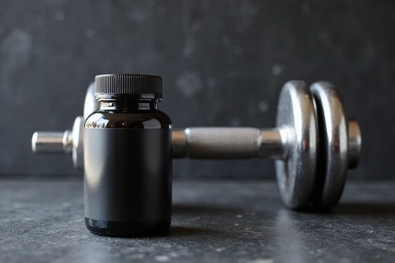 A bottle of men's supplement next to a dumbbell, representing fitness and health.