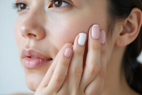 A person applying a face cream, showing healthy skin care routine.