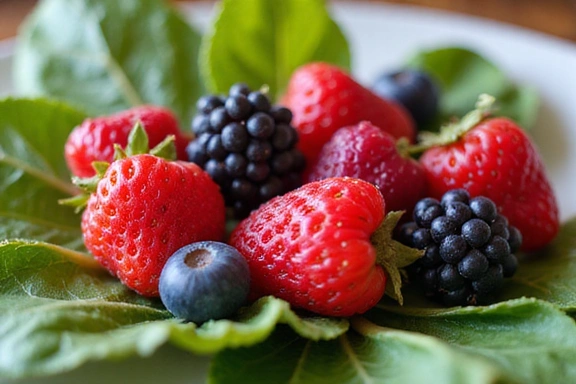Close-up of fresh, vibrant berries and leafy greens, emphasizing nutrient-rich diet.