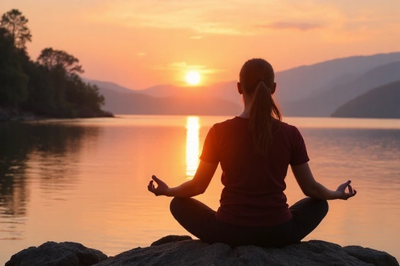 Person meditating by a calm lake at sunrise, representing mental wellness.