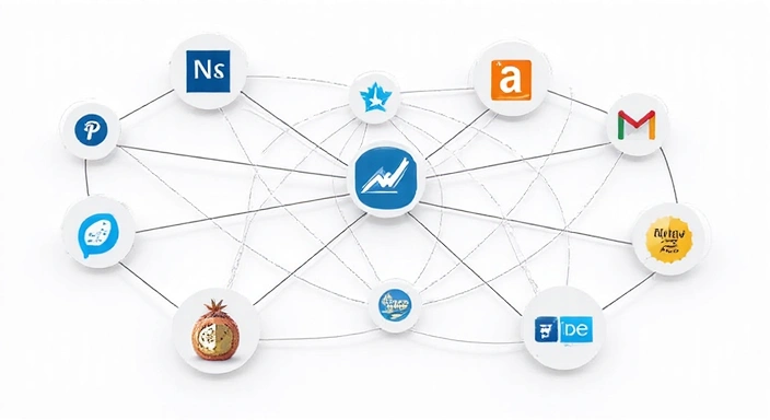Diverse icons representing various third-party services, such as social media, analytics, and advertising, connected by subtle lines, symbolizing third-party cookies and data flow.