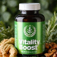A bottle of 'Vitality Boost' men's supplement with a vibrant green label, surrounded by natural ingredients like spirulina and ginseng.