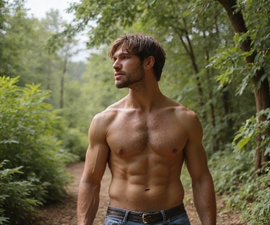 An energetic man in a natural setting, highlighting strength and vitality, surrounded by natural ingredients like ginseng and maca. No text, letters, or inscriptions.